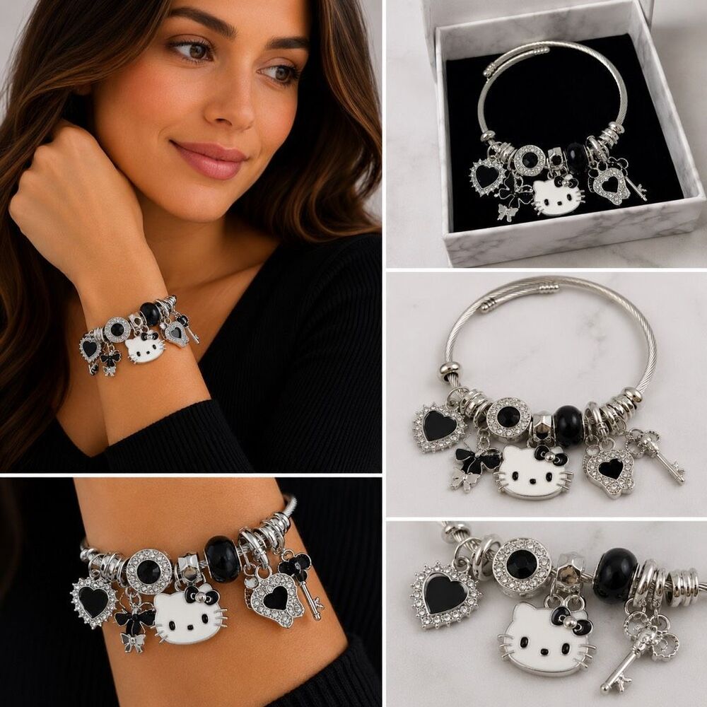 Hello Kitty Charm Bracelet Black & Silver Rhinestone Bangle Gift Box Included